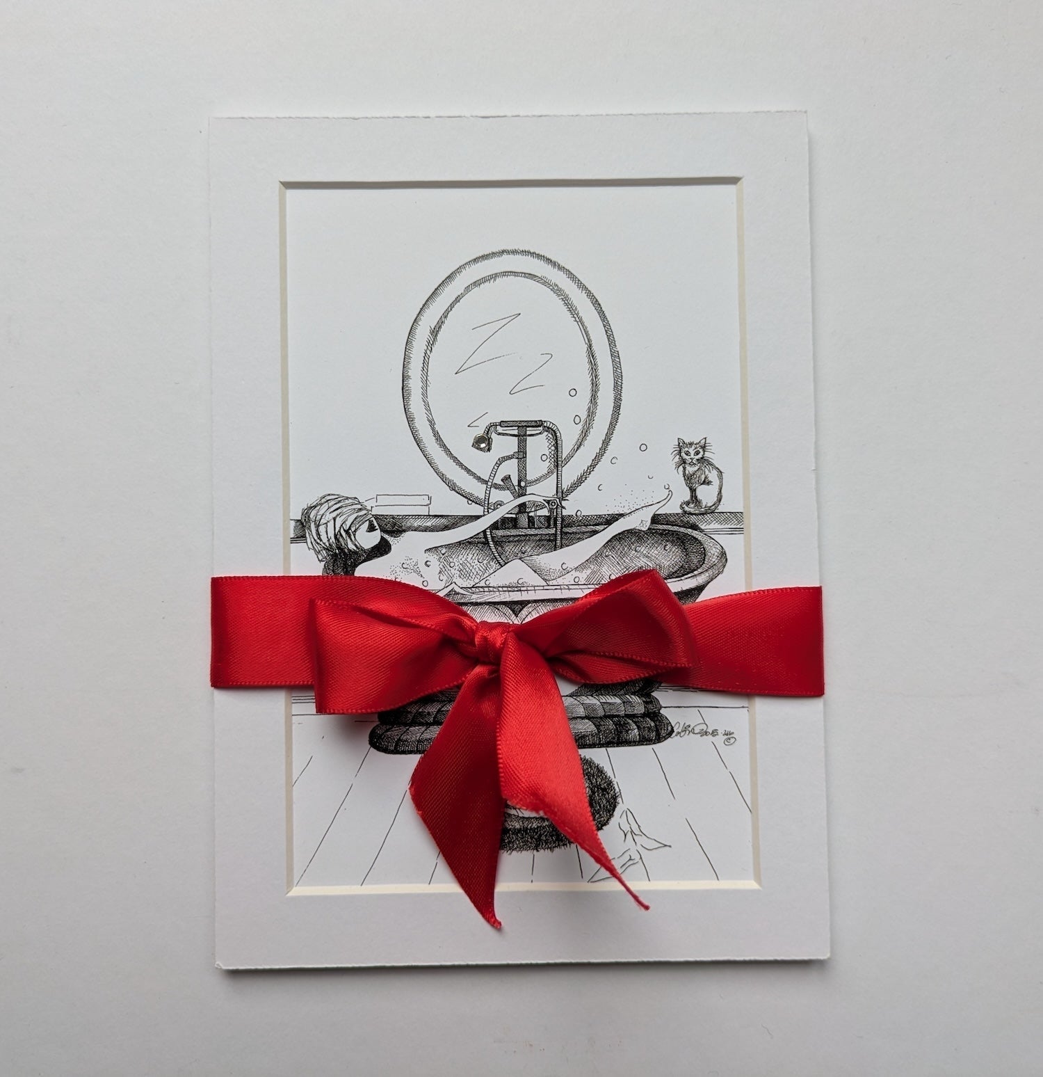 Turning on the Bubbles MeowCleeva matted art print red vintage satin ribbon gift ready handmade NYC