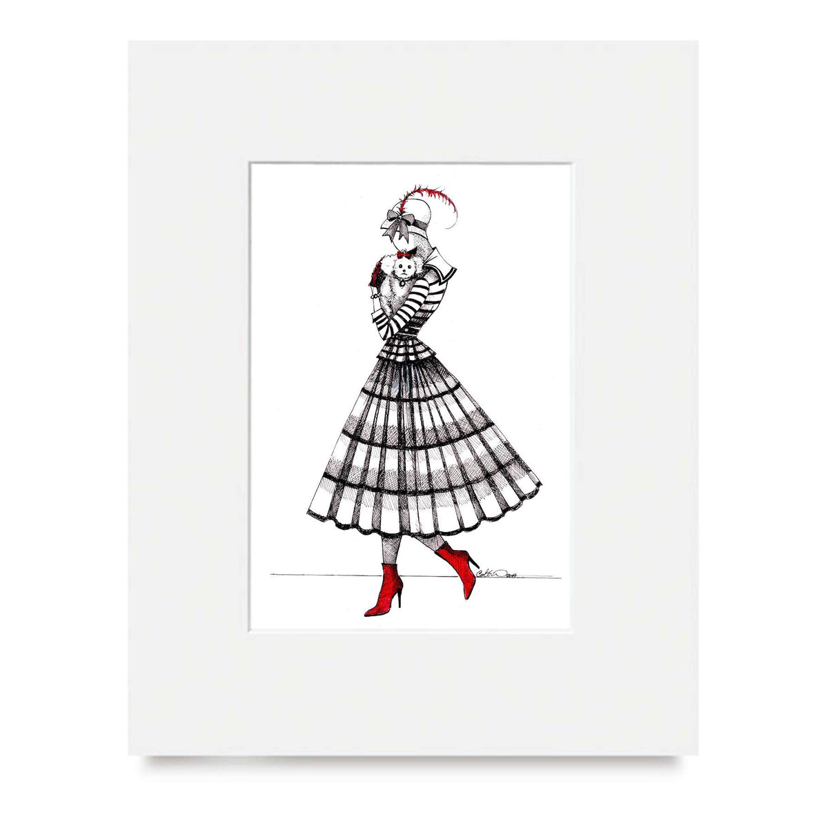 Sutton Place 5x7 matted art print, MeowCleeva with feathered hat and small dog