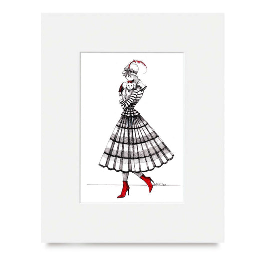 Sutton Place 5x7 matted art print, MeowCleeva with feathered hat and small dog