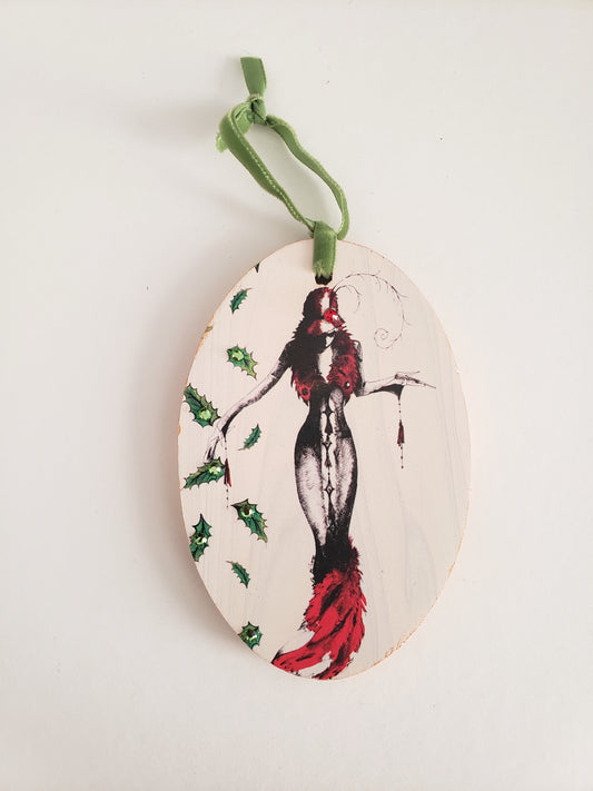 Hand painted wood ornament featuring MeowCleeva® in her dramatic red feather gown, adorned with Swarovski crystals. Holly border. One of a kind. $125.