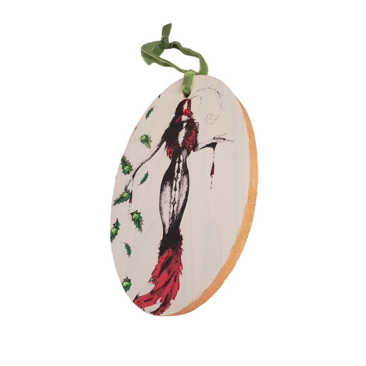 Hand painted wood ornament featuring MeowCleeva® in her dramatic red feather gown, adorned with Swarovski crystals. Holly border. One of a kind. $125.